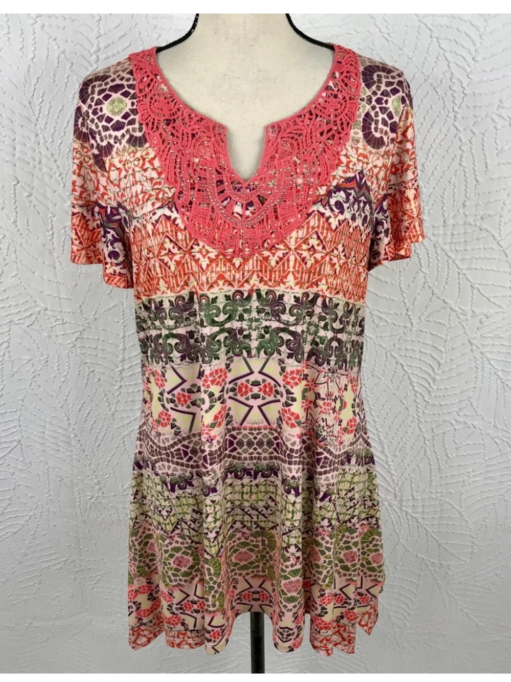 Patterned Blouse with Crocheted Lace Neckline and Embellishments